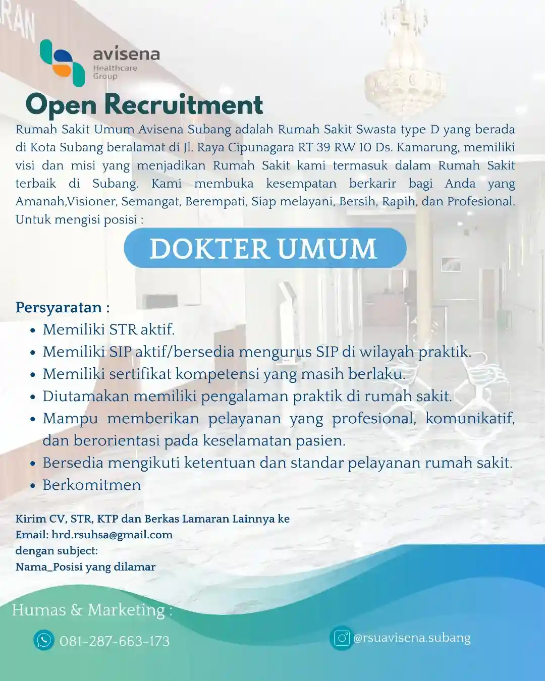 Lowongan Kerja RSU Avisena Subang Terbaru 2026